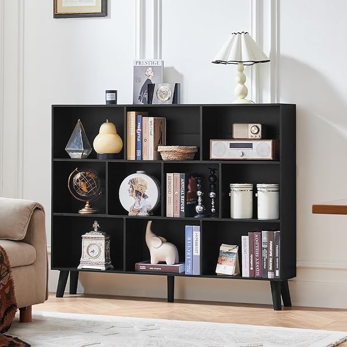 LEYAOYAO 10 Cube Bookshelf, Mid-Century Modern Book Shelf with Legs, Black | 3 Tier Bookcase, 55" Wide Rustic Wood Bookshelves Large Storage Organizer, Open Shelves for Bedroom, Living Room, Office
