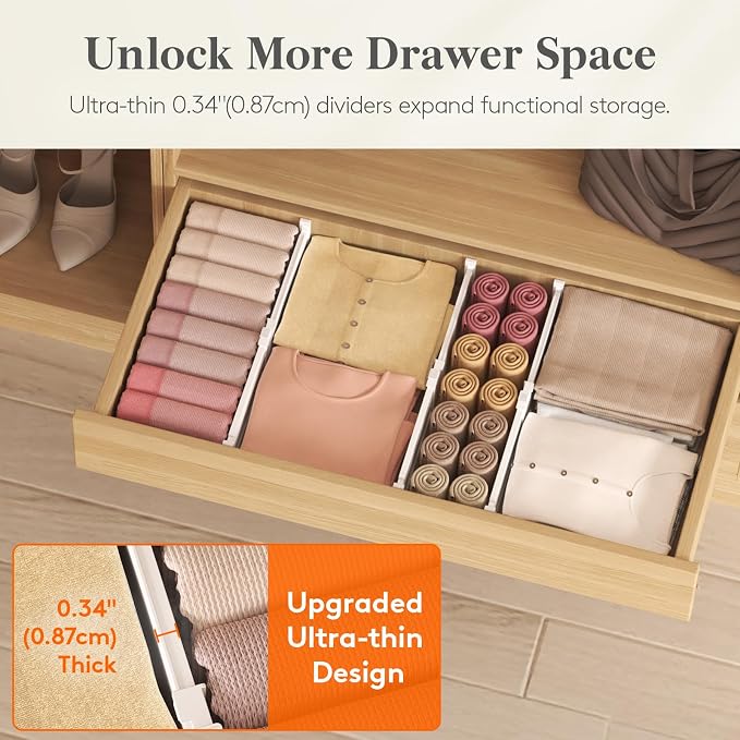 Lifewit Drawer Dividers for Clothes, 3.2" High 10.5"-16.5" Expandable Dresser Drawer Organizers, Adjustable White Plastic Separators for Kitchen, Cabinet, Nursery, Socks & Underwear Storage, 8 Pack