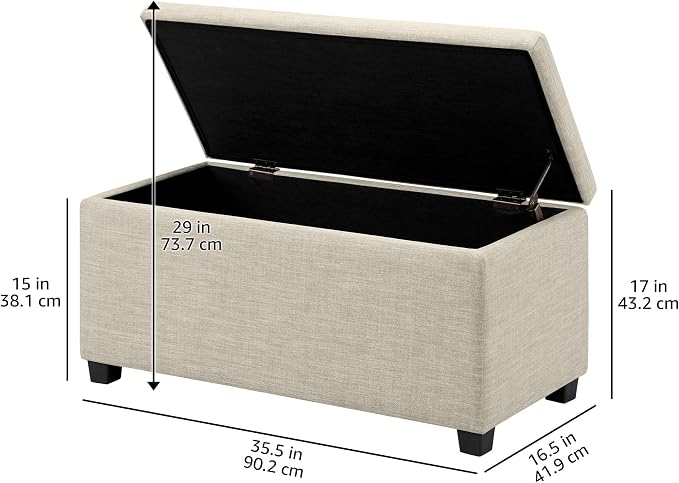 Amazon Basics Upholstered Storage Ottoman Bench with Soft Close Lid, Child-Safety Hinge, No Assembly Required, 35.5"W x 16.5"D x 17"H, Beige