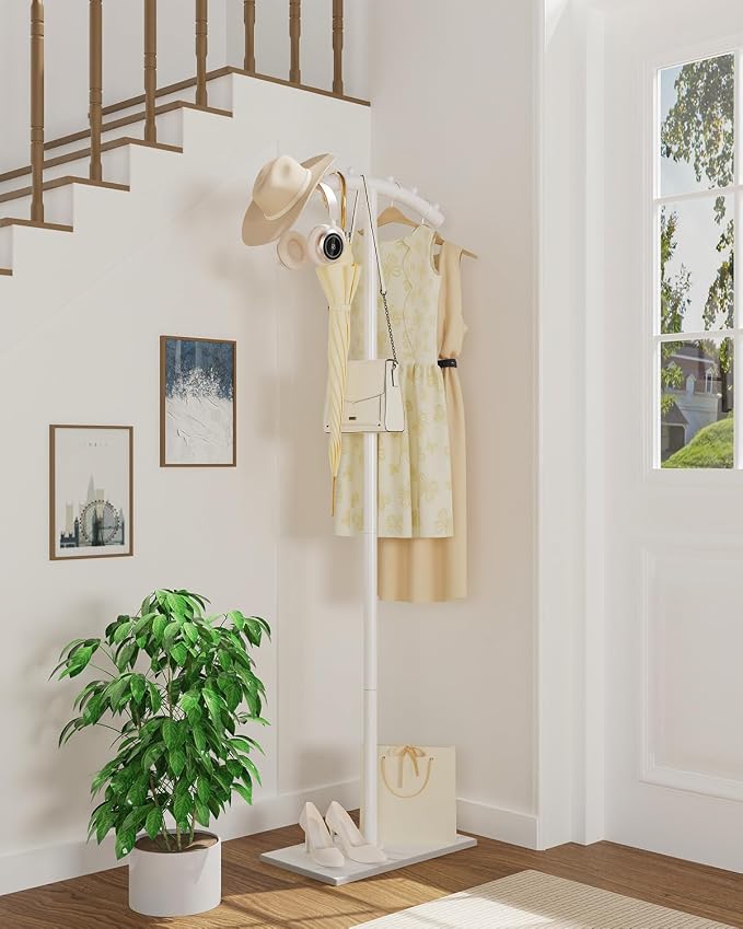 Freestanding Metal Clothes Rack with Natural Rock Base,68.9in,White | T-shaped Coat Hangers with Anti Slip Knots,Easy to Clean Garment Racks for Home,Durable Clothing Trees for Office