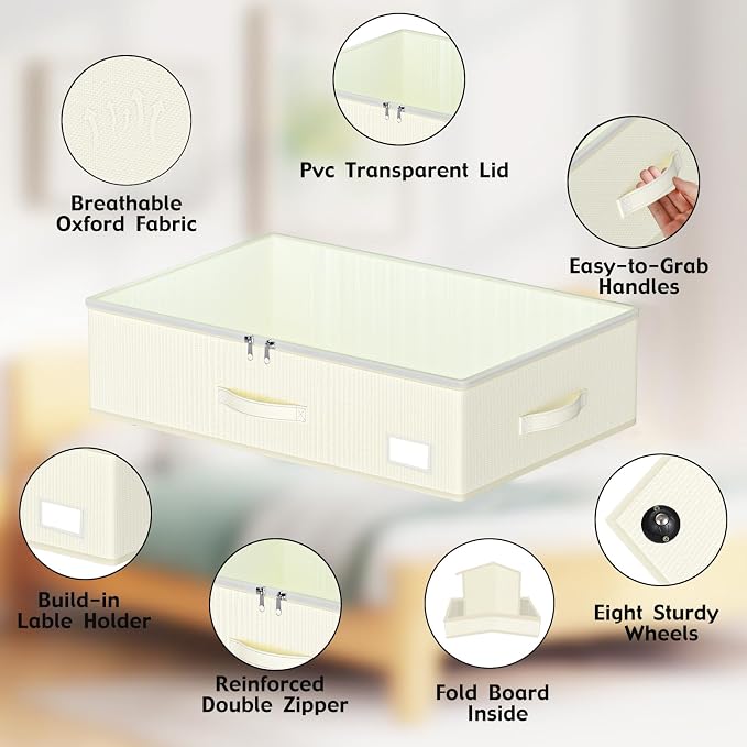 EE-RoomWorld Under Bed Storage with Wheels, No Assemble Required 7.5 inches height Under Bed Storage bins,Large capacity Rolling Underbed Shoe Storage containers，dorm underbed storage drawers