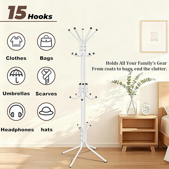 Metal Coat Rack, Freestanding Coat Tree & Hall Tree with 15 Hooks, Sturdy Coat Rack Stand and Hat Rack, Coat Hanger for Entryway, Bedroom, Office for Jackets, Hats, Bags,White
