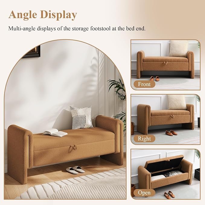 Storage Ottoman Bench, End of Bed Bench with Pull-Ring | 52" Teddy Upholstered, Window Bench with Armrest, Generous Storage, Safety Hinge, Holds 300 LBS, for Bedroom, Coffee