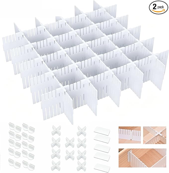 20 PCS with 25 Accessories, Adjustable Plastic Drawer Organizer Inserts, 12.6" x 2.76" x 0.08" White Interlocking Grid Separators for Dresser, Kitchen, Bathroom, Office & Craft Room Storage