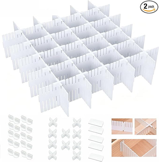 20 PCS with 25 Accessories, Adjustable Plastic Drawer Organizer Inserts, 12.6" x 2.76" x 0.08" White Interlocking Grid Separators for Dresser, Kitchen, Bathroom, Office & Craft Room Storage