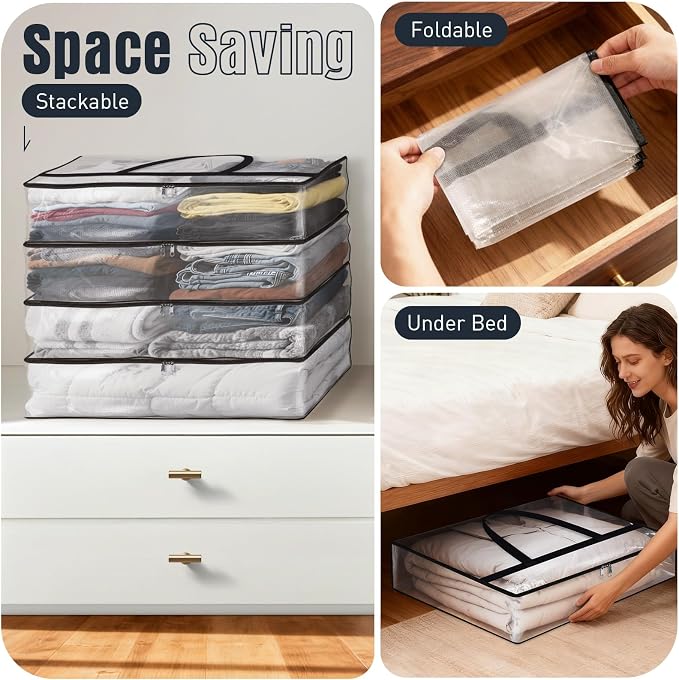 4 Packs 40L Clear Under Bed Storage Containers, Large Clothes Storage Bags | Heavy Duty Large Capacity Foldable Moving Bags with Sturdy Handles, Clothing Organizer Totes for Bedding Comforter Sheet
