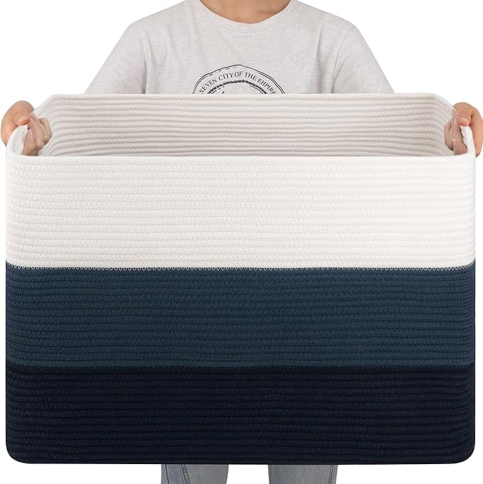 OIAHOMY 108L Super Large Blanket Basket, 25”x16”x16” Rectangle Woven Baskets for Storage, Cotton Rope Basket For Living Room, Toy Storage with Handle - Gradient Blue