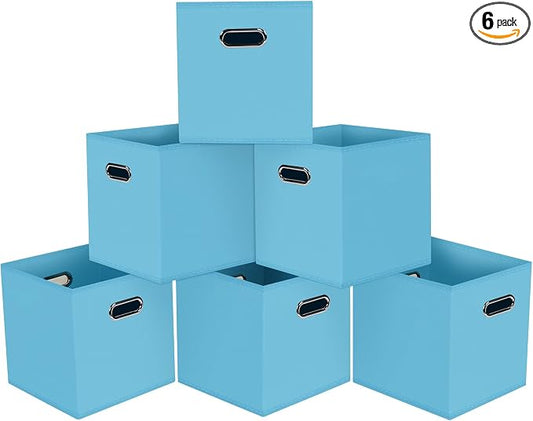 Black Foldable Storage Cubes Bins, Fabric Storage Box Cubes Organizer Baskets with Dual Handles for Home Organizer,Set of 6,(Blue)