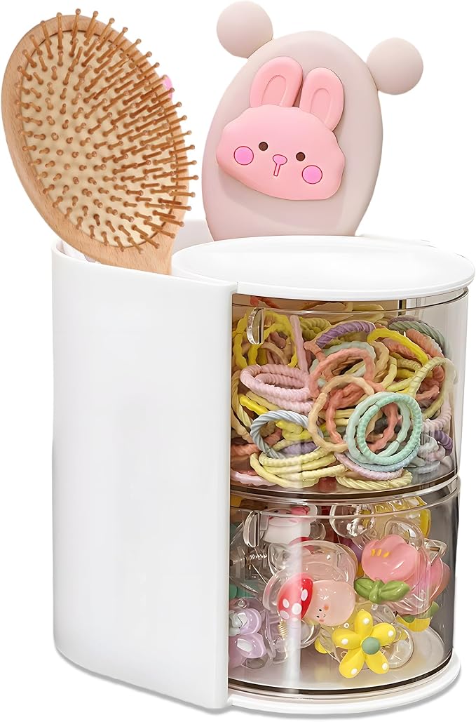 Azurphoric Hair Accessories Organizer with Hair Brush Holder(White,2-Layer) | Rotatable Makeup Brush Holder for Necklaces, Earring, Bracelet, Ring, Makeup Brushes, Hair Clip and Hair Accessories