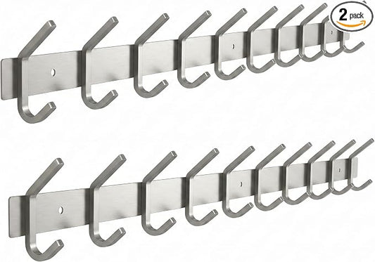 Coat Rack Wall Mount – Brushed Nickel 30 Inch Stainless Steel Hook Rail with 10 Heavy Duty Double Coat Hooks – Wall Mounted Coat Hanger for Entryway, Bathroom, Bedroom, Towel, Hat Organizer - 2 Pack