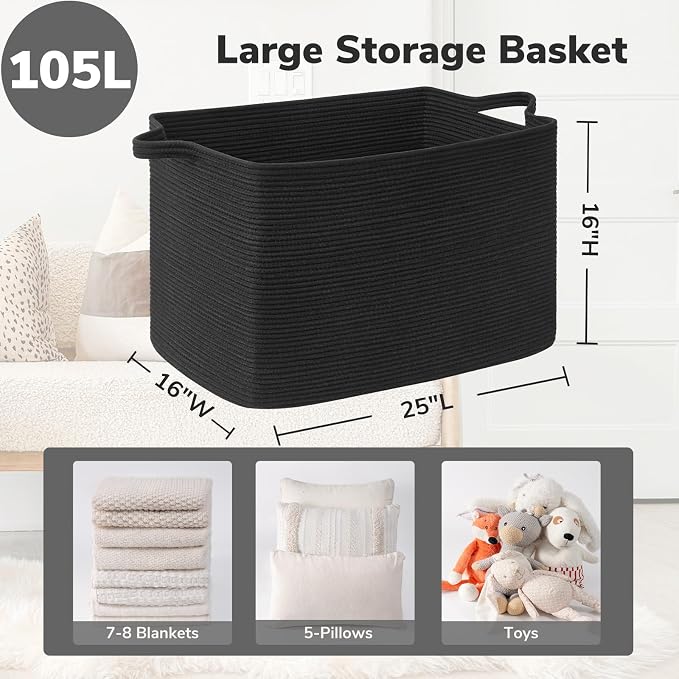 Goodpick 105L Extra Large Woven Blanket Basket, Cotton Rope, Black | 25 x 16 x 16 in, Rectangle, Living Room, Bedroom & Nursery Organization, Blankets, Pillows, Toys & Clothes Storage