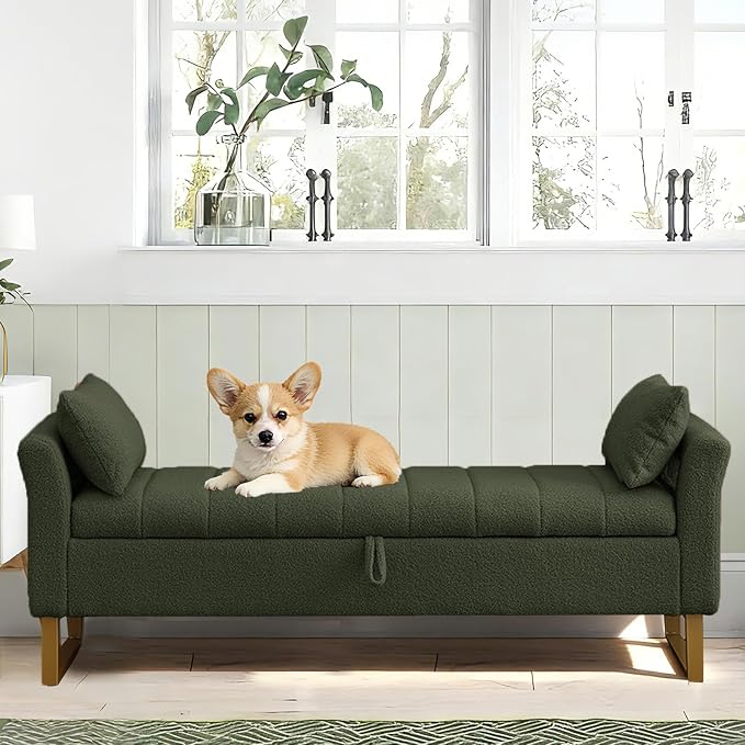 66" Storage Bench for Bedroom Upholstered End of Bed Bench King Size Green | Long Bedroom Benches for Foot of Bed King,Teddy Storage Bed Bench with Gold Legs,2 Pillows for Entryway Windows Cloakroom