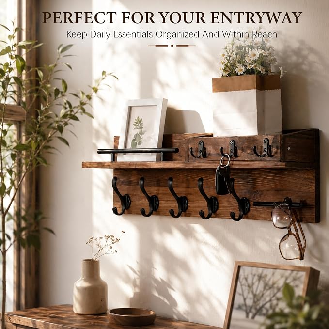 29" Wooden Wall Mounted Coat Rack with Shelf - 5-in-1 Entryway Organizer with 8 Hooks (5 Coat Hooks + 3 Key Hooks), Mail Holder & Display Shelf & glasses Hanger for Doorway, Bedroom, Garage Entrance