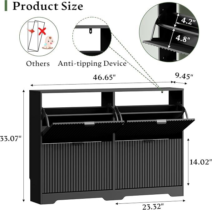 Xixini Shoe Storage Cabinet for Entryway with 4 Flip Drawers, Hidden Slim Wood Shoe Organizer with Modern Fluted Panel, Freestanding Narrow Shoe Rack for Front Door Entrance, Hallway, Foyer, Black
