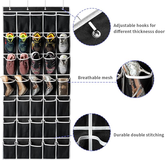 SAVERHO 35 Pockets Over the Door Shoe Organizer, Hanging Shoe Organizer for Door with 35 Mesh Pockets Large Capacity Shoe Hanging Storage Bag with 4 Metal Hooks (Black-1Pack)