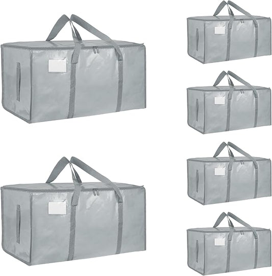 6 Pack-Extra Large Heavy Duty Moving Bags - Waterproof Storage Totes with Handles & Zippers, Foldable for College Dorm, Storage (light gray)