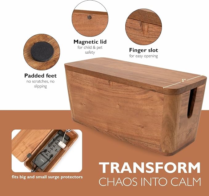 Extra Large Cable Management Box - Acacia Wood - Cable Organizer Box and Power Strip Box for Electrical Cord Management - Hide Desk Cord and Floor Cables - Wire Storage and Organization for Cords | Acacia Wood, Cable Organizer, Rustic Style, Modern Des...