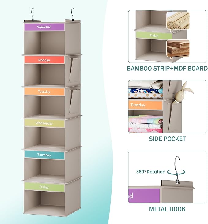 YOUDENOVA Weekly Clothes Organizer for Kids, Hanging Closet Organizer, Grey | Days of the Week Clothes Organizer, Reinforced Bamboo Slats, Kids' School Outfit Planning, Breathable Fabric, 2 Side Pockets