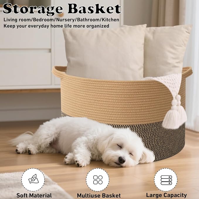 90L Extra Large Blanket Basket,Woven Rope Laundry Basket-Jute&Black | Collapsible, reinforced handles, nursery storage bin organizes clothes, toys and pillows for living room, bedroom bathroom