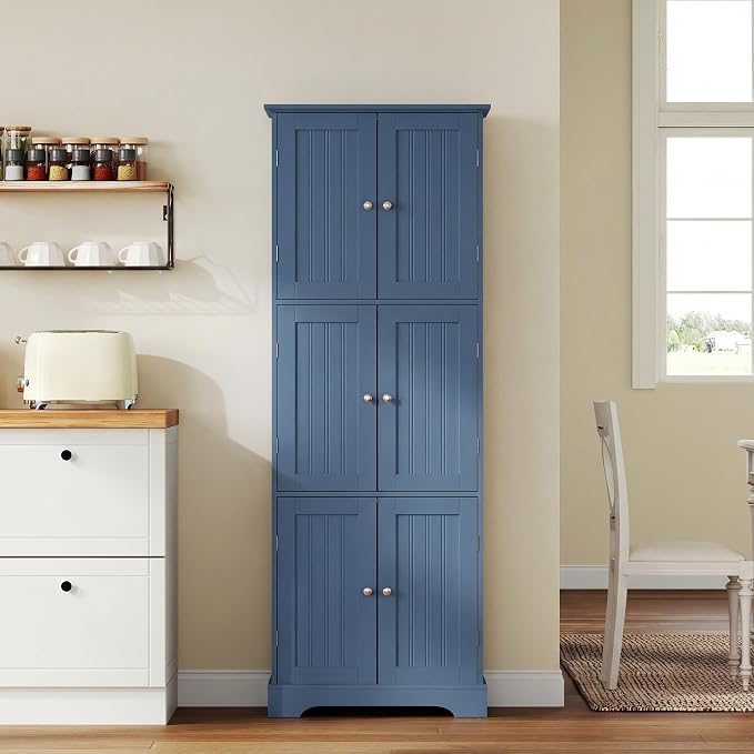 ChooChoo 63.2" Tall Bathroom Storage Cabinet with 6 Doors | Freestanding Floor Cabinet, Adjustable Shelves, Pantry Cabinet for Bathroom, Kitchen, Laundry Room, Blue