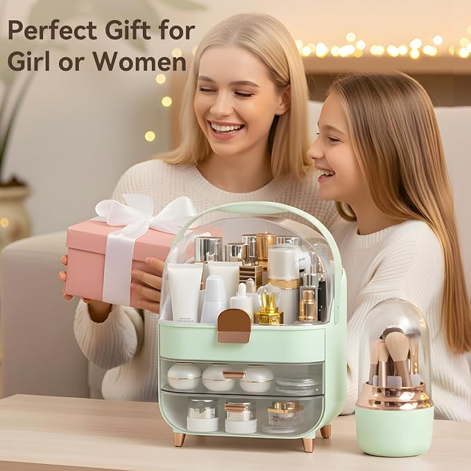 Makeup Organizer for Vanity with Brush Holder, Lid and 2 Drawers, Green | Large Capacity Bathroom Counter Organizer for Skincare, Cosmetic Storage, Dustproof, Waterproof, Teen Girl Gifts