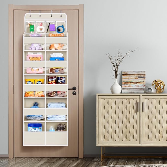 Univivi Upgraded Over the Door Organizer for Baby Nursery, Beige, 6-Shelf | Fabric Behind Door Storage with Clear Window Deep Pockets, Over Door Hanging Organizer for Baby Essential, Bedroom, and Dorm