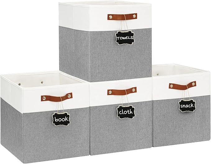 Patvingot 13-Inch Linen Storage Cubes with Labels and PU Handles,4 Pack | Roomy storage for blankets, sweaters and towels, reinforced bottom, contents stay easy to identify, folds flat when empty