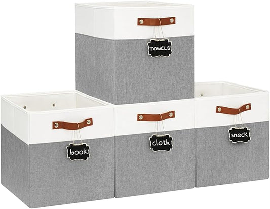 Patvingot 13-Inch Linen Storage Cubes with Labels and PU Handles,4 Pack | Roomy storage for blankets, sweaters and towels, reinforced bottom, contents stay easy to identify, folds flat when empty
