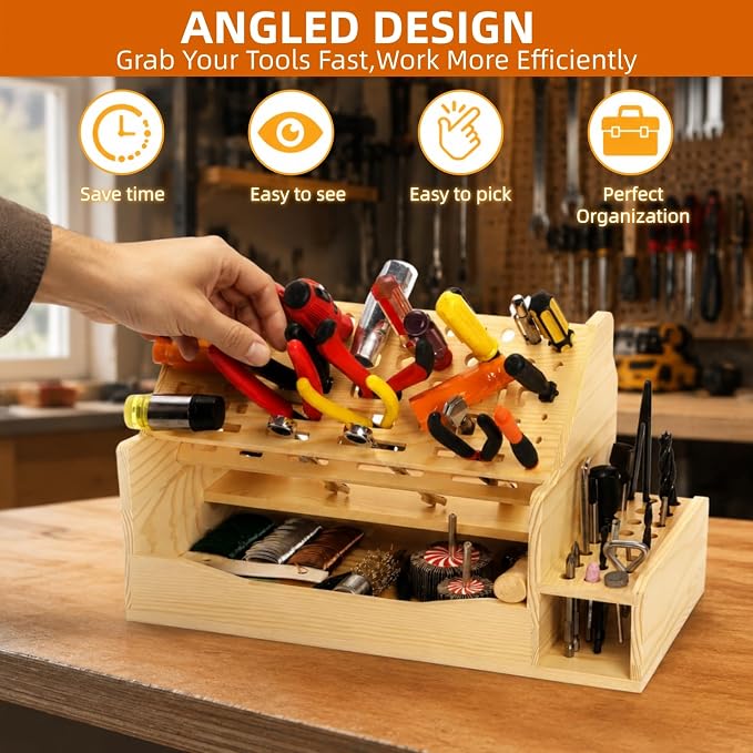 Wooden Screwdriver Organizer, 71 Holes | Workbench Desktop Repair Tools Storage Rack, Multi-functional Hand Pliers Tool Stand Holder for Hammer Wrench
