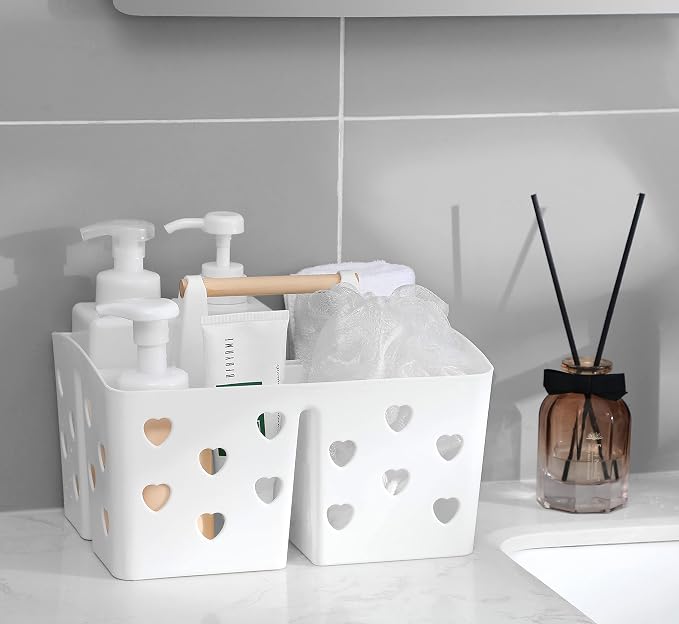 Portable Shower Caddy Plastic Shower Basket Organizer with Handle, White | Divided Bathroom Caddy Storage Cleanning Caddy Tote for College, Dorm Room, Kitchen