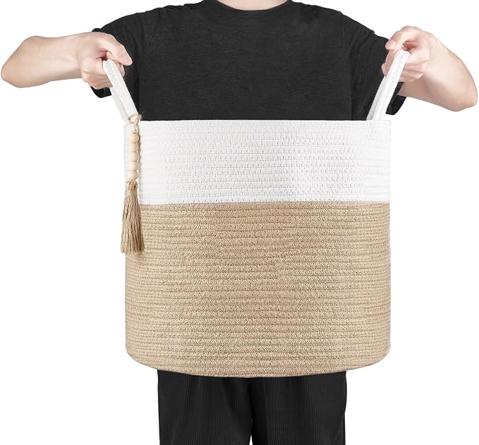 Mkono Woven Storage Basket for Blanket, Toys Plant Organizer, 16"W x 13.8"L | Cream White and Brown, Decorative Basket with Handle, Wood Beads Tassel, Shoes Towel Storage Bin, Living Room Bedroom Nursery