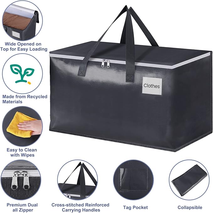 StorageRight Heavy Duty Moving Boxes-Moving Bags with Zipper, Reinforced Handles and Tag Pocket-Collapsible Moving Supplies-Totes for Storage Great for moving, Storage and Travel 93L(Gray-4 Pack)