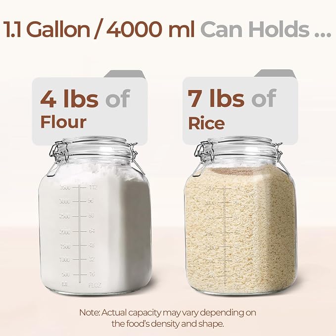 ComSaf Large Square Glass Jars with Airtight Lid 1 Gallon 2 Pack Wide Mouth | Flour sugar rice, Kombucha, Bulk pantry organization, Measurement marks, Pickling fermenting, Snacks, Sourdough pickling