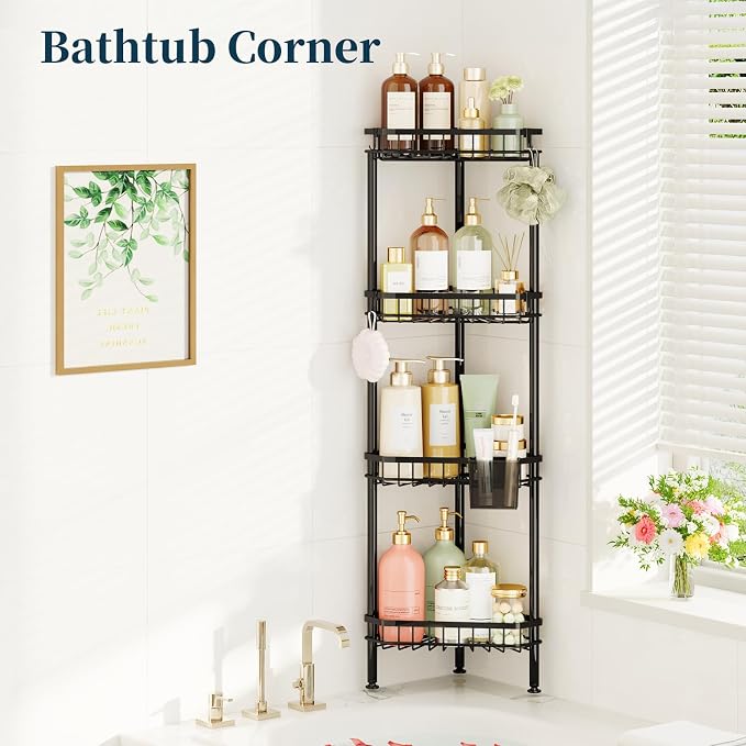 Consumest Corner Shower Caddy Stand - Rustproof Bathroom Organizer&Storage | 4 Tier Shower Shelves for Inside Shower, Stainless Steel Corner Shelf with Soap Holder, 4 Hooks, Brush Holder, Black
