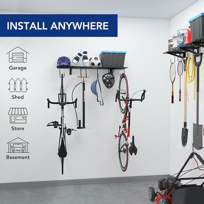 FLEXIMOUNTS 1-Pack 1x4 ft Garage Wall Shelving, Include 6 Bike Hooks, Black | Wall Shelf Garage Organization System w/Bike Hangers, Storage Rack, Floating Shelves, 150 lbs Weight Capacity, Classic Series