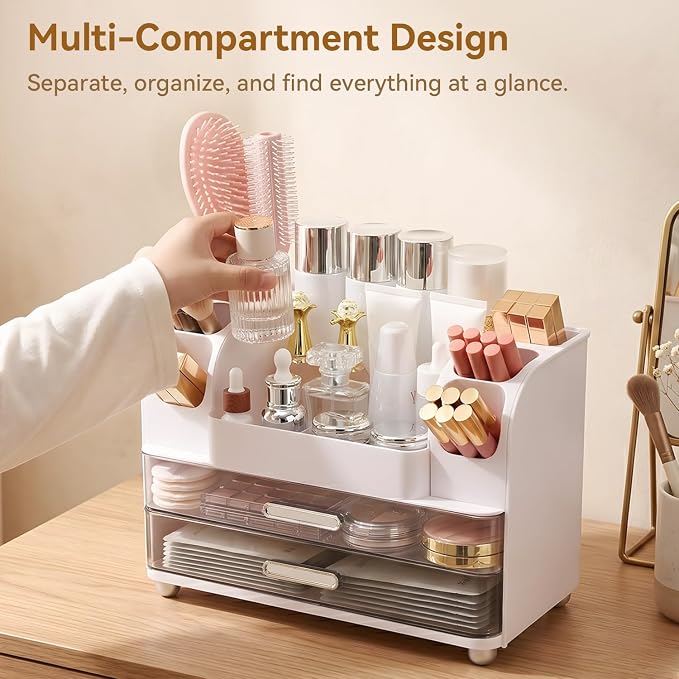 Makeup Organizer for Vanity with 2 Large Drawers and 6 Brush Holders, White | Large-Capacity Makeup Holder Keeps Skincare and Cosmetics Organized and Easy to Reach on Vanity or Bathroom Counters