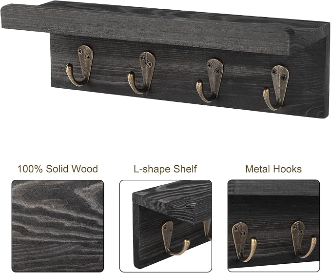 HRONRAD Rustic Key Holder for Wall, Farmhouse Wall Shelf with 4 Hooks, Wall Mounted Key Racks, Wooden Mail Organizer with Hooks for Entryway (Black - Pine)