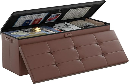 DocSafe Storage Ottoman Bench,Fireproof＆Waterproof Folding Bench with Lock(15”x 43”x15”),Leather Storage Chest with Handles＆2 Extra Boxes,Ottoman Safe for Bedroom,Living Room,Home Office,Brown