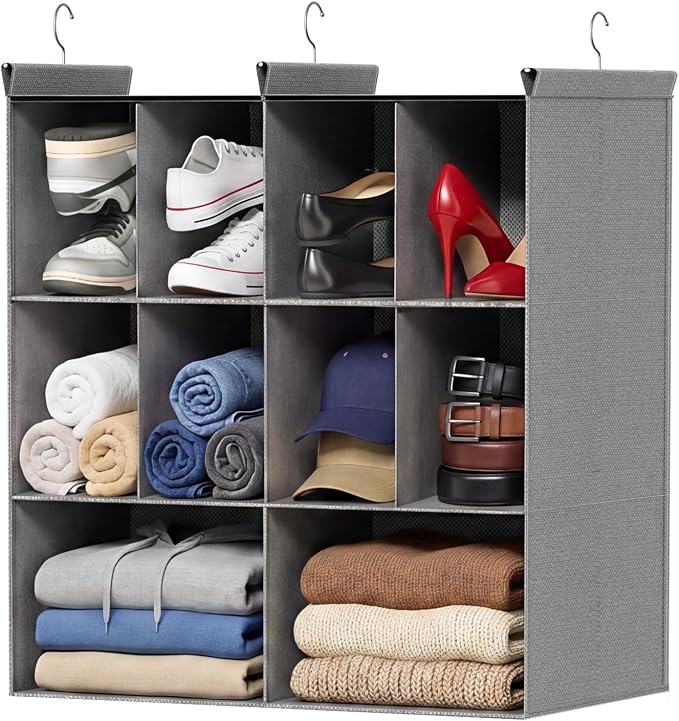 3 Tier Hanging Closet Organizer, 10 Compartments Dual Row Storage, Grey | Closet Organizers and Storage with Large & Small Pockets, 3 Sturdy Hooks Support Heavy Loads, for Dorm, RV, Garment Rack