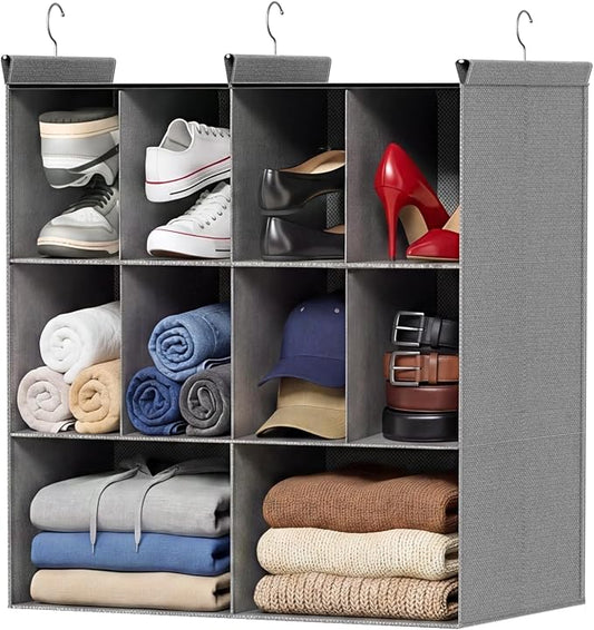 3 Tier Hanging Closet Organizer, 10 Compartments Dual Row Storage, Grey | Closet Organizers and Storage with Large & Small Pockets, 3 Sturdy Hooks Support Heavy Loads, for Dorm, RV, Garment Rack