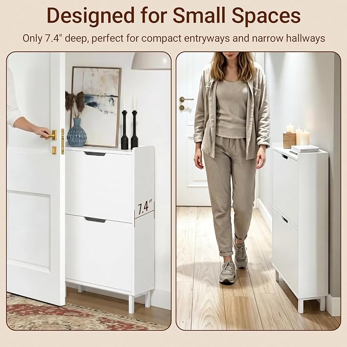 Haotian Slim Shoe Cabinet Entryway | Hidden Shoe Storage with Two Flip Drawers to Save Space, Freestanding Shoe Rack for Front Door, Entryway, Hallway (White)