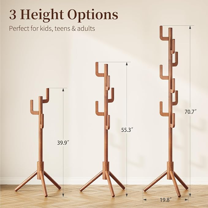 Yoobure Solid Wood Coat Rack - Cactus Coat Tree Freestanding with 8 Hooks, Coat Hanger Stand with 3 Adjustable Sizes for Jacket, Hat, Clothes Stands for Hall, Entryway, Bedroom, Office, Living Room