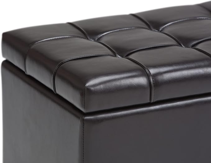 SIMPLIHOME Avalon 35" Wide Vegan Leather Storage Ottoman in Denim Blue | Transitional ottoman with tufting and lift-up lid; rectangle storage bench for living room or entryway.