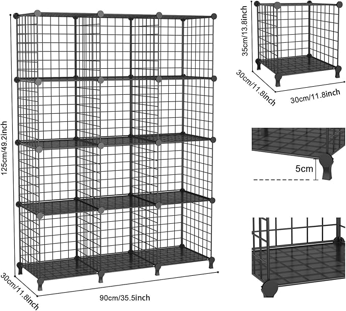 12-Cube Storage Organizer Metal Wire Shelf for Closet Office Black | Sturdy 11.8" metal wire grid, modular snap-together, tool-free. Versatile for bedroom, closet, office, craft, entryway