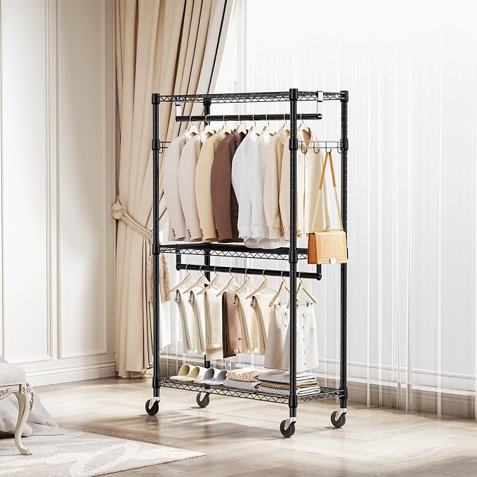 M MZG Heavy Duty Rolling Garment Rack 3 Tiers Adjustable Wire Shelving Clothes Rack with 2 Rods and Side Hooks,Storage Closet Clothing Rack with Wheels Black 15.7" D x 29.5" W x 74.5" H