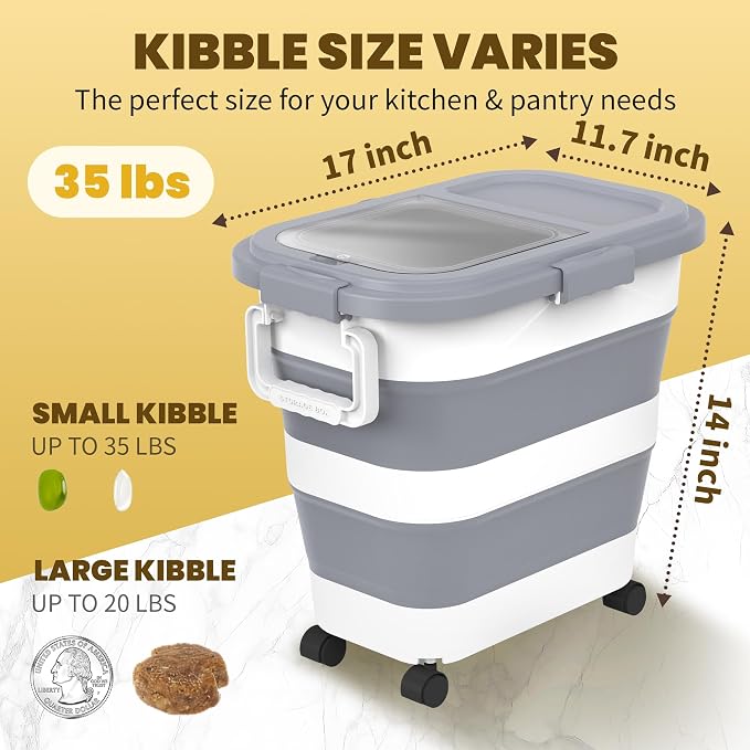 HOYTAMDA 25-35Lbs Rice Container,Collapsible Food Storage Container Wheels | Rice Storage Container with Airtight Locking Lid,Handle,Small Bin &Scoop,Rice Dispenser for Flour Sugar Cereal Grain Dog Cat