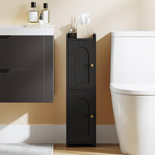 Hzuaneri Bathroom Storage Cabinet, Small Corner Floor Cabinet with 2 Doors | Narrow Toilet Paper Cabinets with Adjustable Shelf, Bathroom Organizer for Small Spaces, 7.9" D x 7.9" W x 29.5" H Black