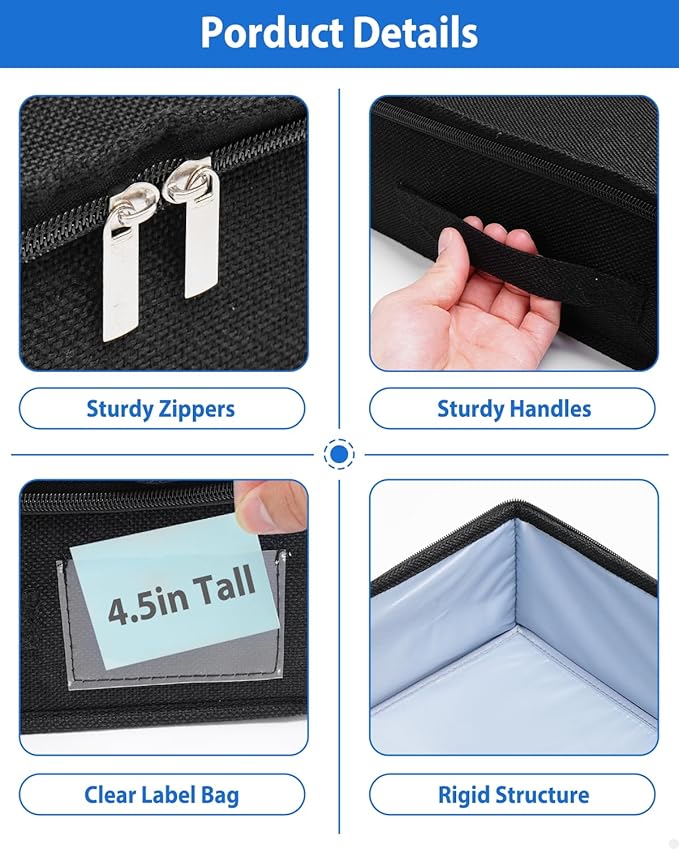 4.5-In Low Profile Under Bed Storage, Rigid Support, 2 Pack, Black | Thin Clothes Storage, Rigid Sides & Bottom, Zipped Lid, Reinforced Handles, Limited Clearance, Couches, Cribs, Dorm Beds
