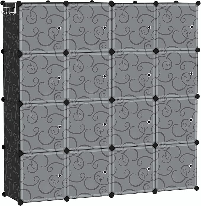 C&AHOME 16-Cube Storage Organizer with Door Platic Closet Organizer Black | Modular Bookshelf, Storage Shelving, Portable Shelves Organizing Units Ideal for Bedroom, Home 48.4" L × 12.4" W × 48.4" H