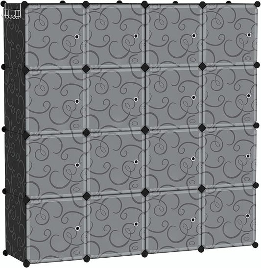 C&AHOME 16-Cube Storage Organizer with Door Platic Closet Organizer Black | Modular Bookshelf, Storage Shelving, Portable Shelves Organizing Units Ideal for Bedroom, Home 48.4" L × 12.4" W × 48.4" H